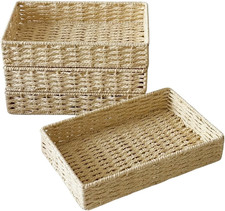 Beige Small Woven Paper Rope Storage Basket for Organizing Drawers  Shelves