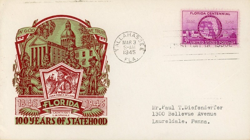 U.S. FIRST DAY COVER, 3 cent Florida Centennial,  Scott #927