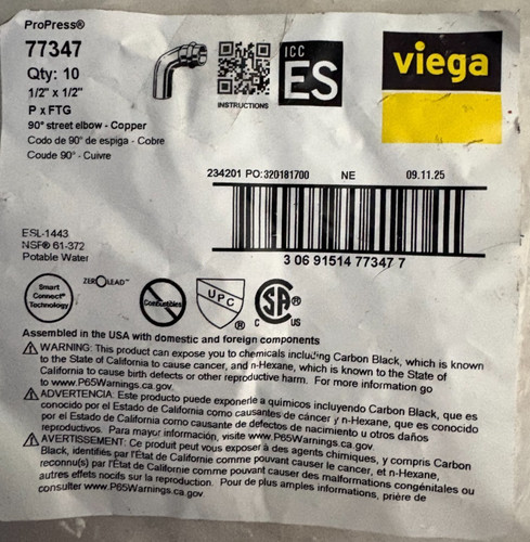 Viega ProPress 1/2 in. Press x 1/2 in. FTG 90-Degree Street Elbow - 10PK - 77347