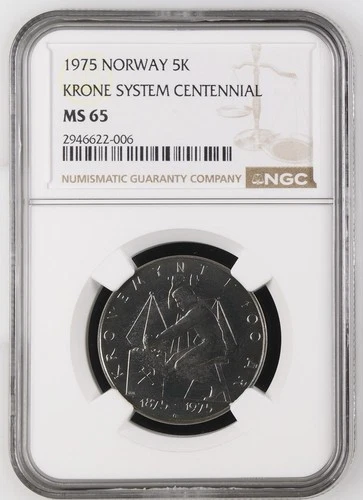1975 Norway 5 Kroner Currency Anniversary 5K - NGC MS 65