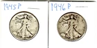 LOT/2 1945P & 1946P WALKING LIBERTY HALF-DOLLARS FULL RIMS UNGRADED FAST SHIP