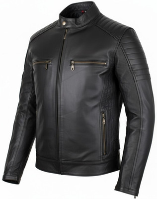 Motorcycle Biker Jacket Leather Jacket Black With Genuine Leather Protectors 