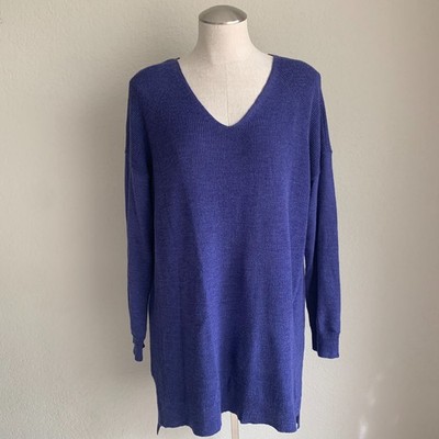 Eileen Fisher Merino Wool Tunic Sweater Sz L Iris Blue Lightweight V Neck Hi Lo