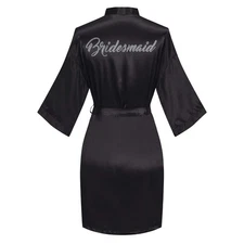 Women's Satin Robe Short Kimono for Bridesmaid with Silver Rhinestones One Size 