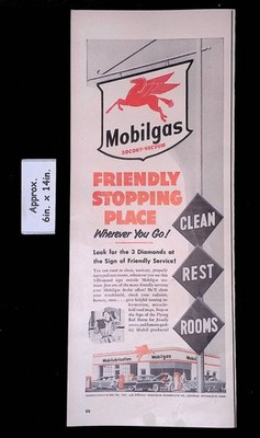 1953 Mobilgas FRIENDLY STOPPING PLACE CLEAN, REST ROOMS SIGNS Print Ad 55075