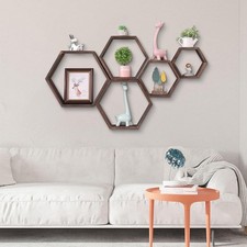 Set Of 5 Walnut Floating Shelves, Hexagonal Wall Shelves Decor For The Living Ro