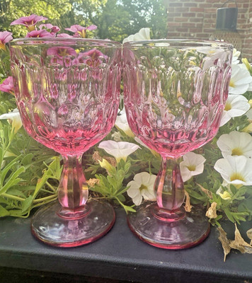 Set of 2 Gorgeous Fenton Glasses Colonial Pink Thumbprint 5'' Goblet Flawless HTF