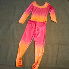 Girls Pink Orange Ombre Long Sleeve Dance Unitard Leotard Set Size M