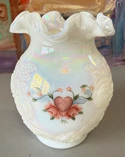 Fenton Art Glass White Opalescent Iridescent Hand Painted Rose Heart Vase Signed