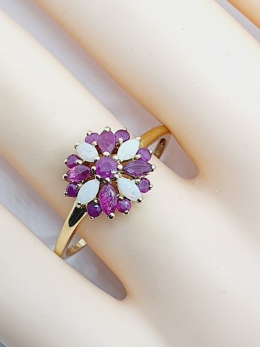 QVC Beautiful 9ct Ruby Opal Marquise Cluster Flower Yellow Gold 375 Ring Size V - Picture 19 of 24