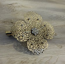 Floral Filigree Hair Clip Barrette with Rhinestones, Gold Tone, Large