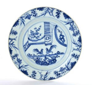 17th Century Kangxi Chinese Blue & White Porcelain Plate with Rooster Chicken