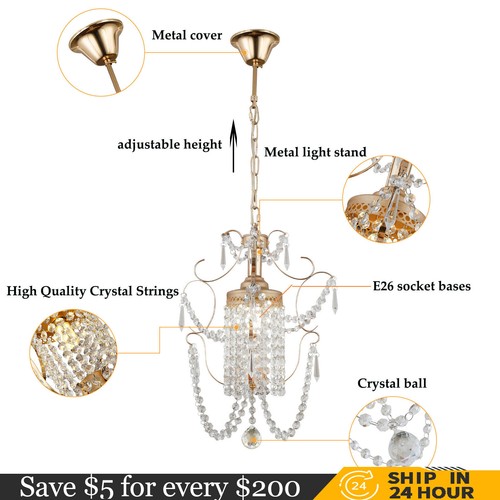 Crystal Mini Chandelier Lighting Vintage Hanging Light Pendant Lamp Fixture Gold - Picture 8 of 10