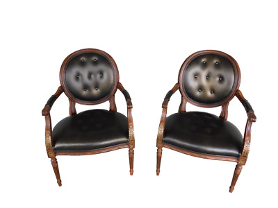 Ethan Allen French Louis XVI Style Francesca Leather Tufted Arm Chairs - a Pair