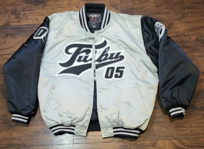FUBU 05 Two Tone Varsity Satin Jacket Mens 2XL Gray/Black Y2K Rap