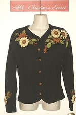 TIARA INTERNATIONAL Womens Sweater Cardigan Black Floral Cotton Sz S  VG  