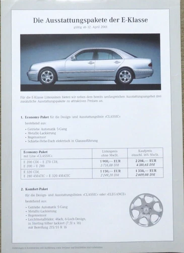 Mercedes E-Klasse Ausstattungspakete W210 Preisliste price list von 4/2001 (RB)