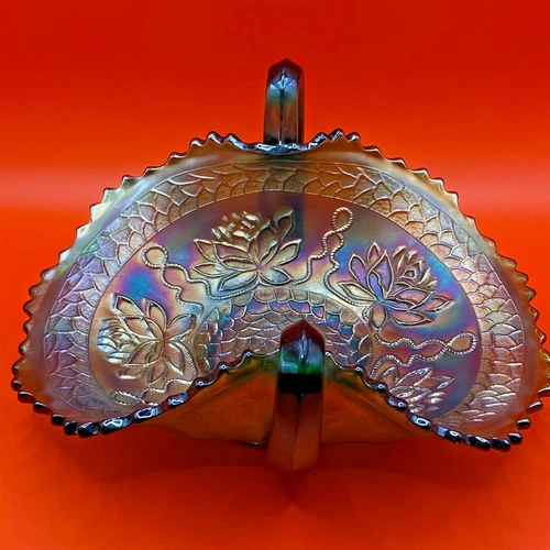 VTG Imperial Carnival Glass Purple Amethyst Iridescent Floral Handled Bowl