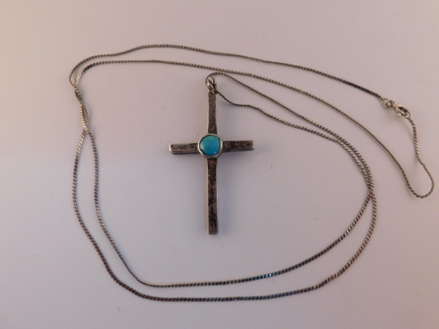 TURQUOISE STERLING SILVER CROSS PENDANT NECKLACE … - image 2