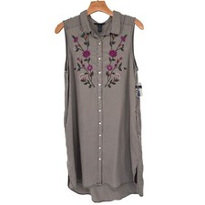 TERRE BLEUE Sleeveless Floral Embroidered Lyocell Shirt Dress Gray Size Large
