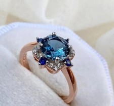 Round Cut Simulated London Blue Topaz Women's Halo Ring In 14K Rose Gold Plated