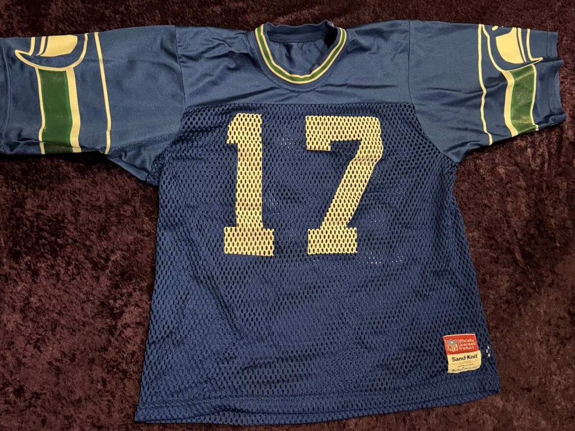 VTG 80s Seattle Seahawks Fan #17 Jersey Large Sand Knit MacGregor Usa NFL