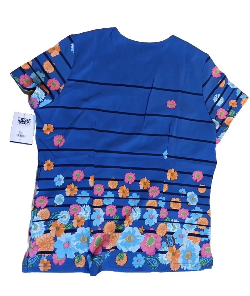 Strictly Scrubs Stretch Top Womens M Blue Floral Stripe V Neck Pockets NWT - Image 4 of 4