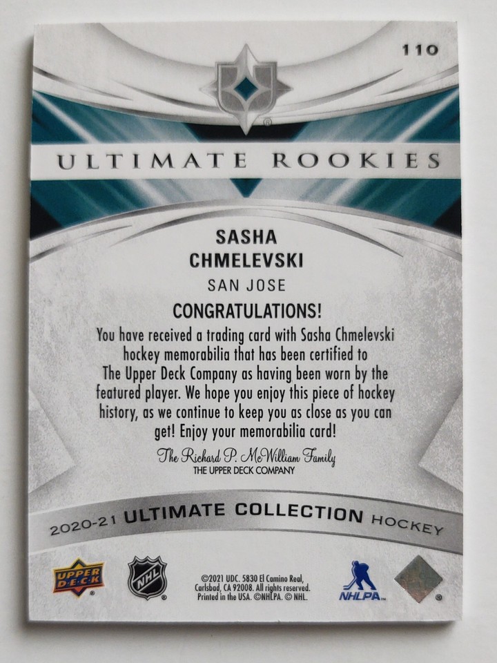SASHA CHMELEVSKI 202021 UD Ultimate Rookies Jersey 446/649 San Jose