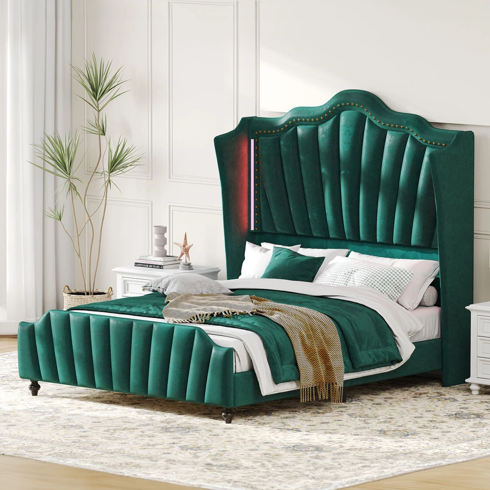 大号平台天鹅绒床头板床架带 7 色 RGB 控制 LED 灯 — 第 2/4 张图片