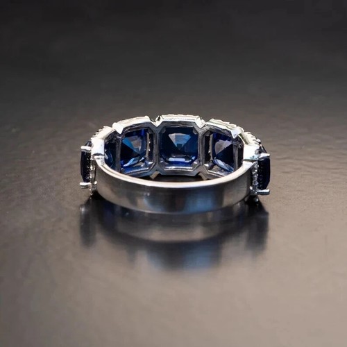 Anillo de San Valentín de diamantes y zafiros naturales de 5,25 quilates de oro blanco real de 14 quilates TALLA - Imagen 5 de 7