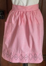 Vintage Half Apron One Pocket Pink White Gingham Cotton Black Cross Stitch
