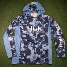 HUK Camo Performance Hoodie Fishing Long Sleeve Hooded Shirt Blue T Mens Small