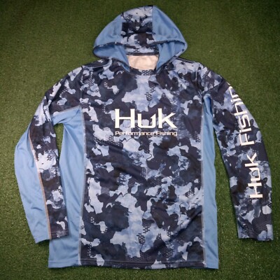 HUK Camo Performance Hoodie Fishing Long Sleeve Hooded Shirt Blue T Mens  Small