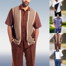 Fashionable Men's Casual Walking Tracksuit Set Short Sleeve Shirt  Long Pants