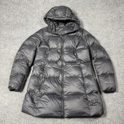 Eddie Bauer Down Puffer Coat Womens Large Gray Hooded Luna Peak EB550 Quilted