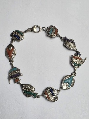 COCO sterling Silver Tropical Fish Bracelet 7.5'' W/ Turquoise Coral Malachite 