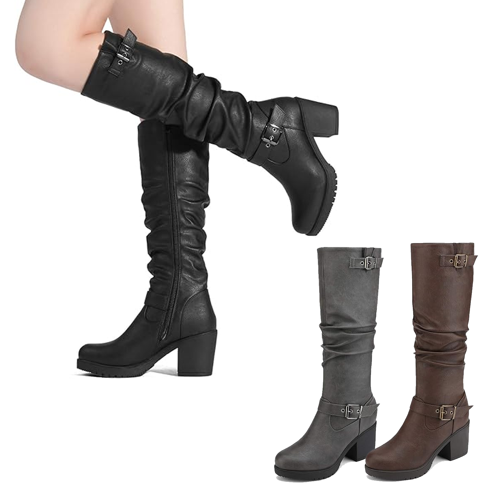Women Faux Fur Knee High Low Chunky Heel Round Toe Zip Up Riding Boots
