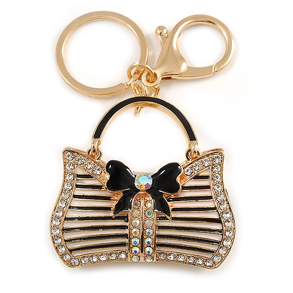 Clear/ AB Crystal, Black Enamel Puffed Bag Keyring/ Bag Charm In Gold Tone -