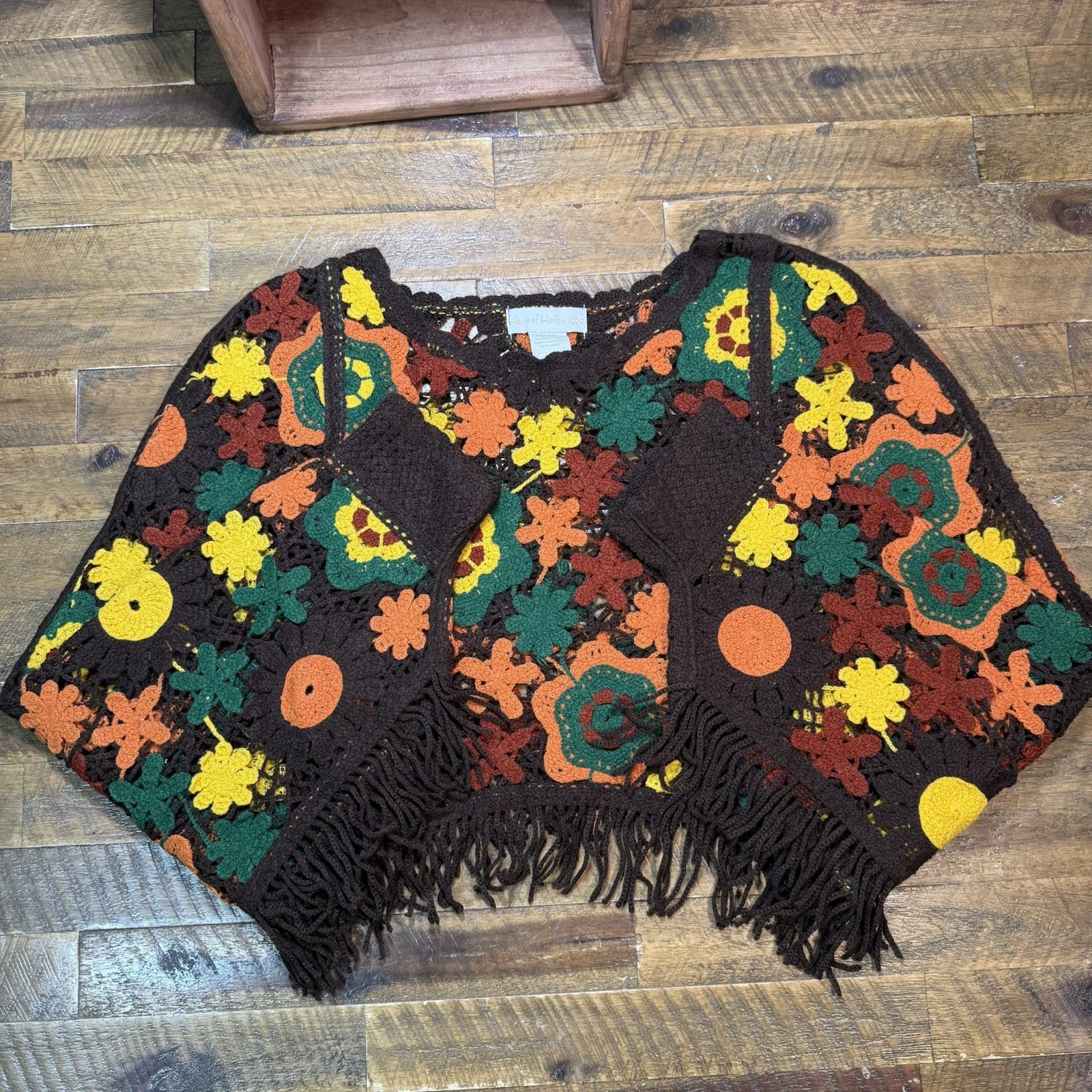 House Of Harlow 1960 Crochet Knit Fringe Poncho Sweater One Size Boho Festival