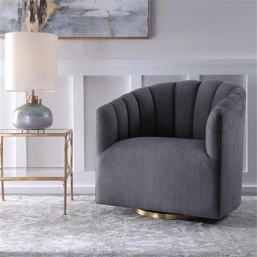 Uttermost Cuthbert Wood Stainless Steel and Fabric Swivel Chair in Brushed Brass - Picture 3 of 9