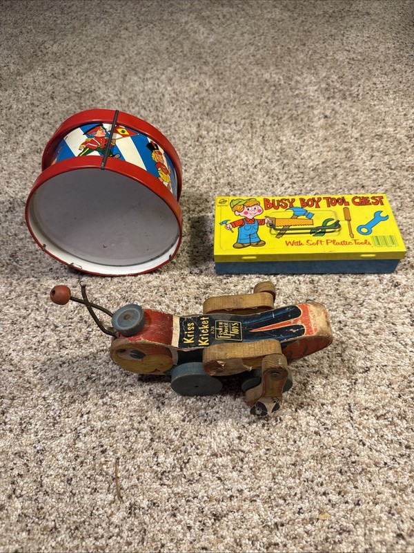 Vintage Fisher Price 1955 KRIS KRICKET Pull Toy + Ohio Art Tin Drum, Tool Chest