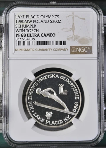 1980 POLAND Silver 200 ZLOTYCH Ski Jumper With Torch NGC PF-68 ULTRA CAMEO