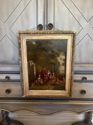 Antique 19thC Oil Painting On Board - Romantic Garden Courting Scene 