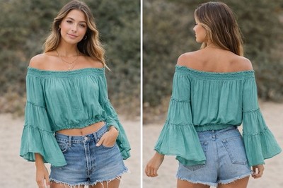Free People Free Spirit Off Shoulder Too M Smocked  Bell  Boho Peasant Hippie