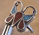 NATIVE AMERICAN Sterling Silver Turquoise / Coral ZUNI Butterfly Ring size 7 VTG