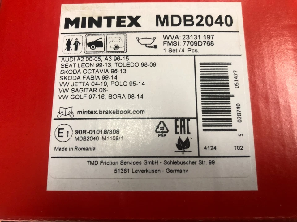 GOLF Gti MK4 MINTEX FRONT BRAKE PADS - JIMMY'S - Image 2 of 2