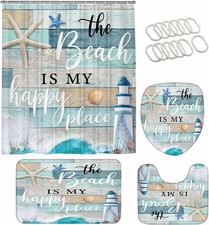 4 Pcs Nautical Ocean Shower Curtain Set Sea Wooden Starfish Lighthouse Bathroom 