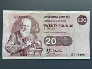 1990 Scotland Clydesdale Bank 20 Pound Note - Lord Kelvin - Ships Free in US!