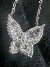 Stunning 925 Sterling Silver Baguette  Round-Cut C Z Butterfly Necklace 16-18"