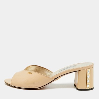 Prada Size 39 Beige Saffiano Patent Leather Crystal Block Heel
